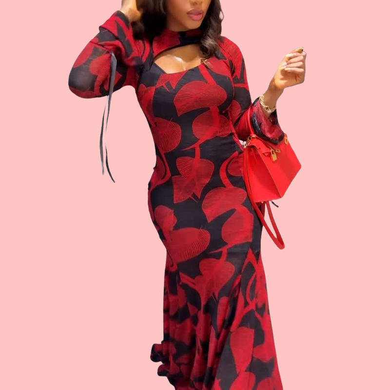Red Floral Hollow-Out Maxi Dress