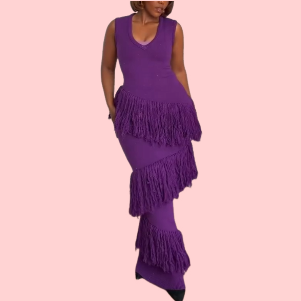 Purple Sleeveless Fringed Maxi Dress