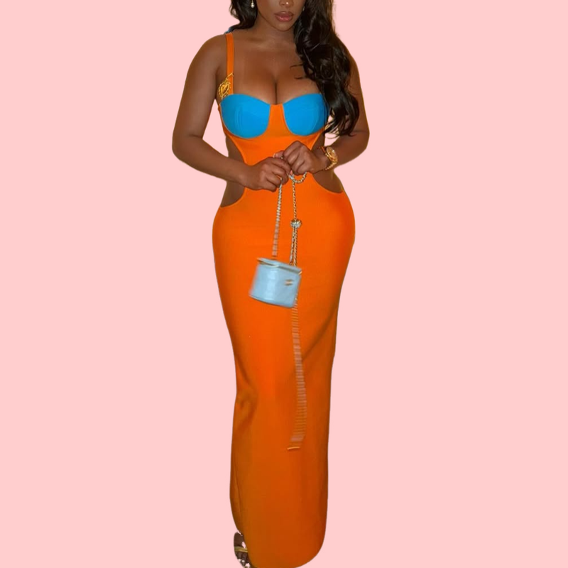 Color-Blocked Cutout Halter-Neck Maxi Dress