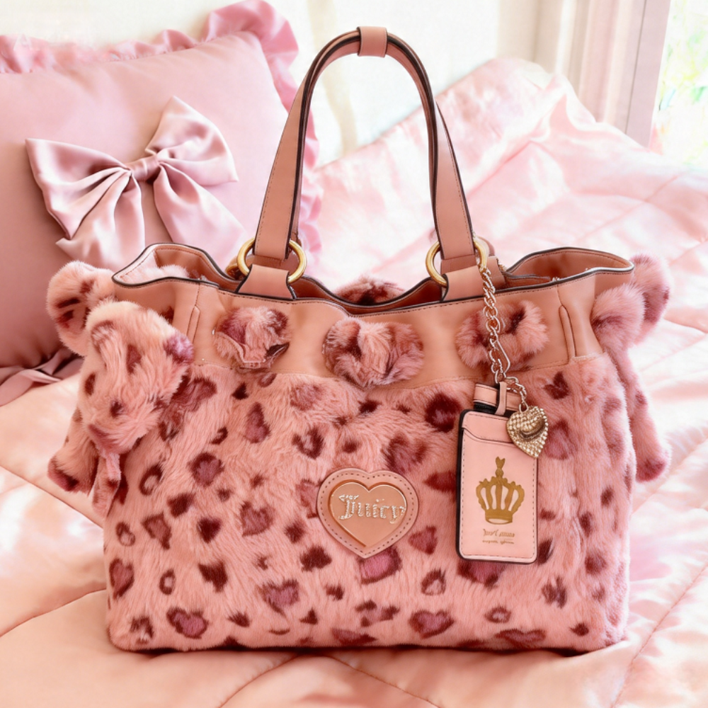 Pink Leopard-Print Furry Shoulder Bag