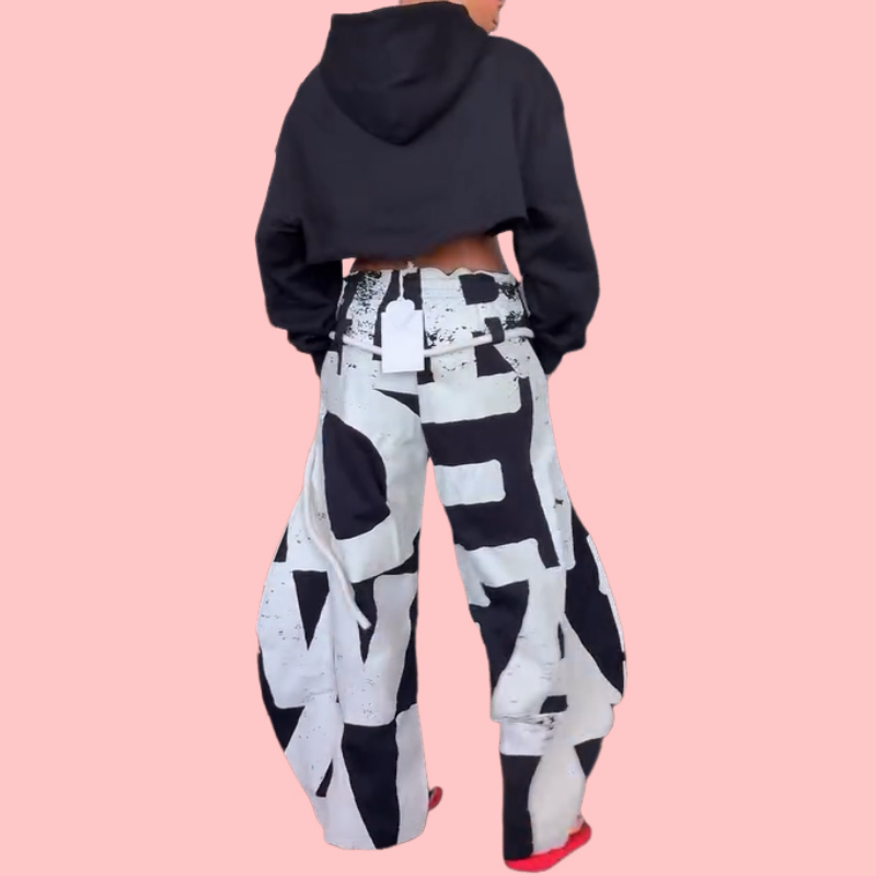 Black Cropped Hoodie & Wide-Leg Drawstring Pants Set