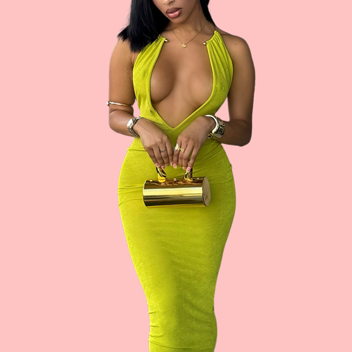 Green Fitted V-Neck Metal Halter Neck Dress