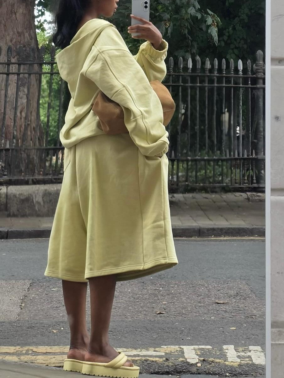 Yellow Hooded Sweatshirt & Wide-Leg Pants Set