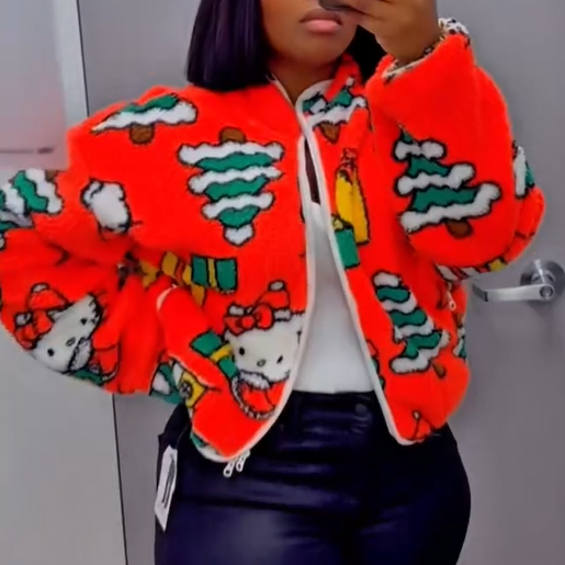 Holiday Print Fleece Zipper Coat