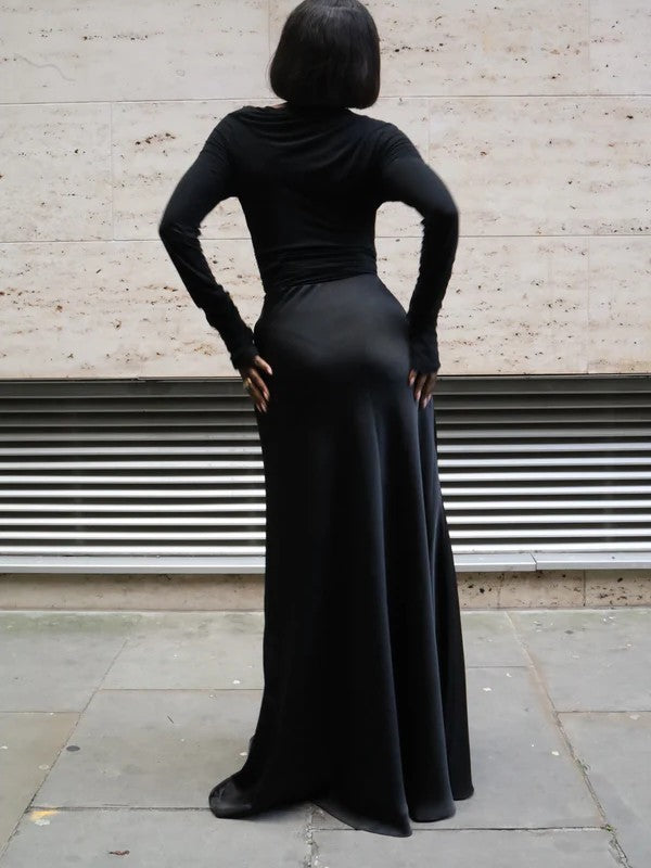 Black Silk Maxi Skirt + Cinched Waist Tiebelt