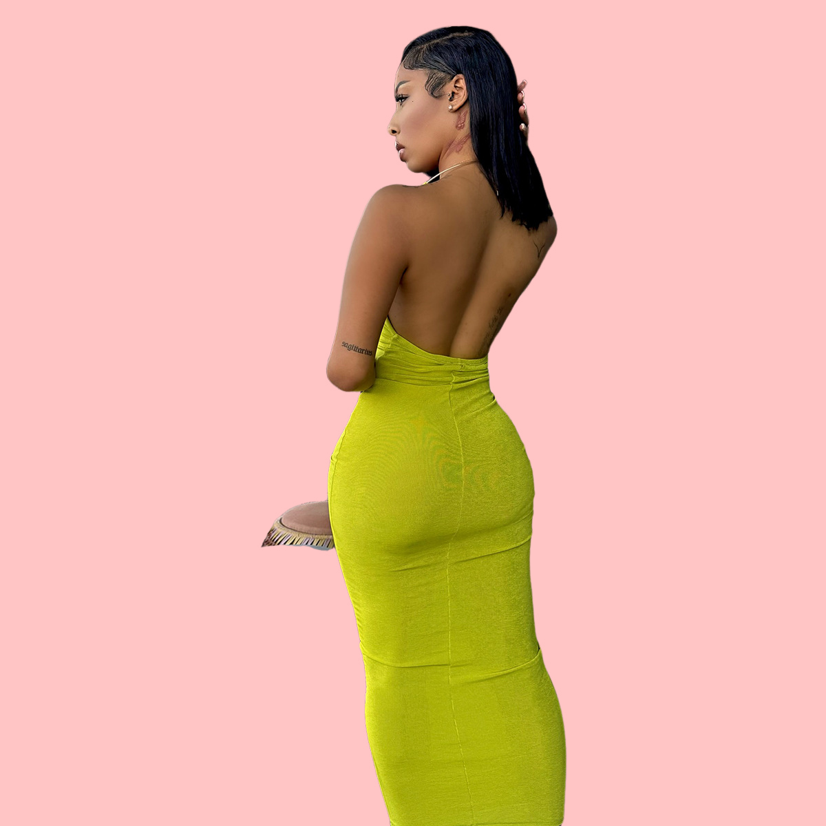 Green Fitted V-Neck Metal Halter Neck Dress