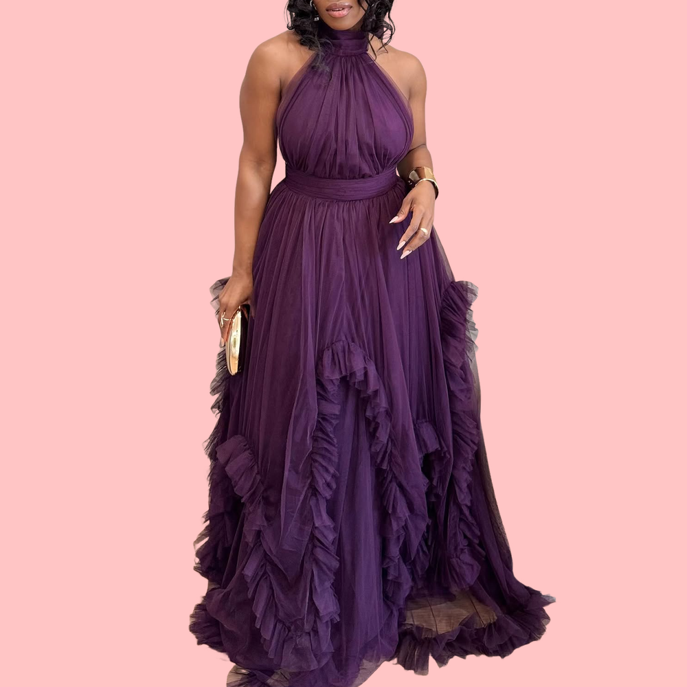 Purple Tulle Ruffled Maxi Dress