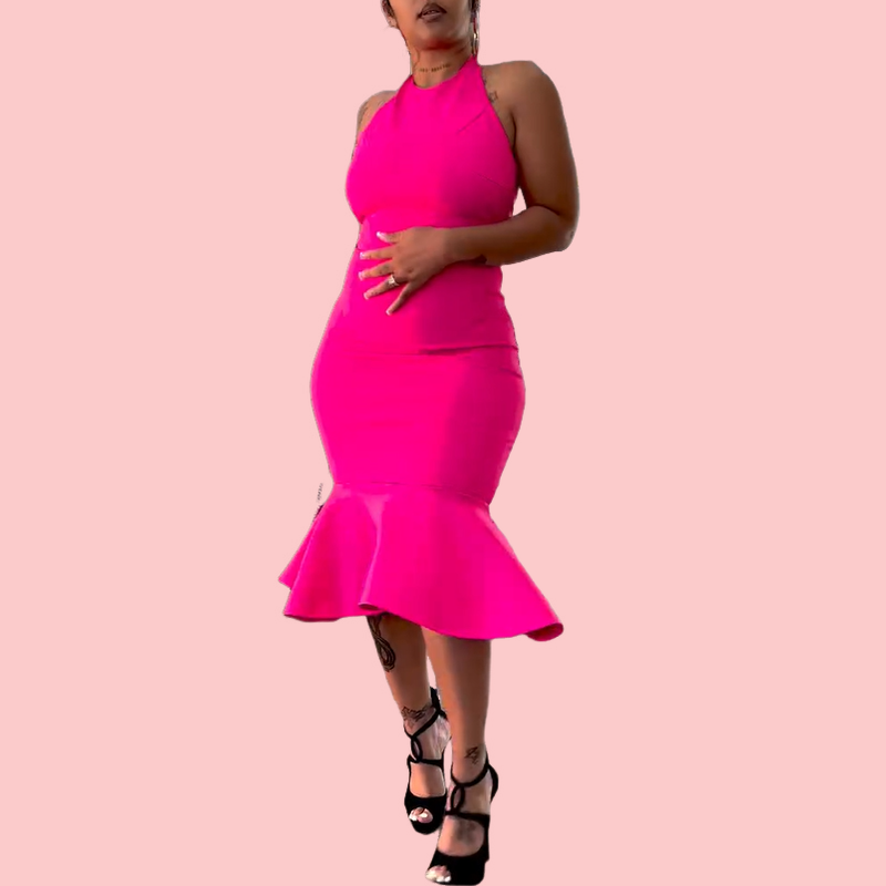 Rose-Red Ruffled Midi Dress