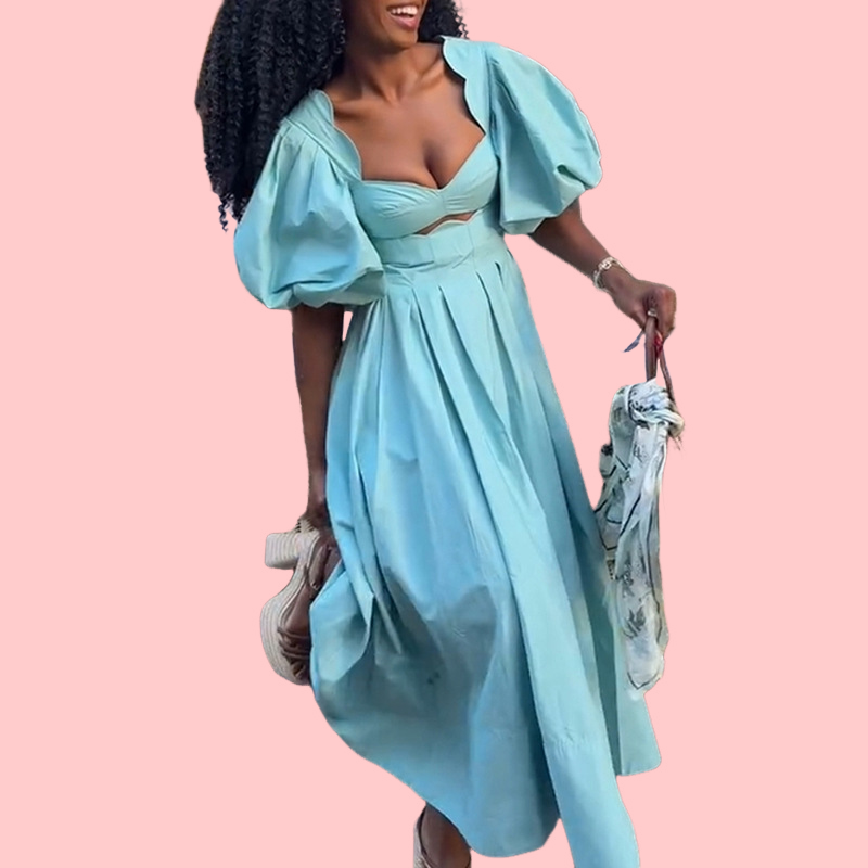 Blue Bubble Sleeve Maxi Dress