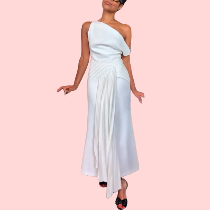 White Slant Shoulder Irregular Midi Dress