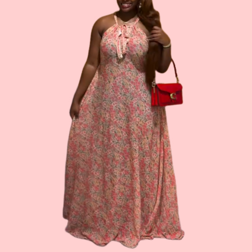 Pink Floral Halter-Neck Maxi Dress