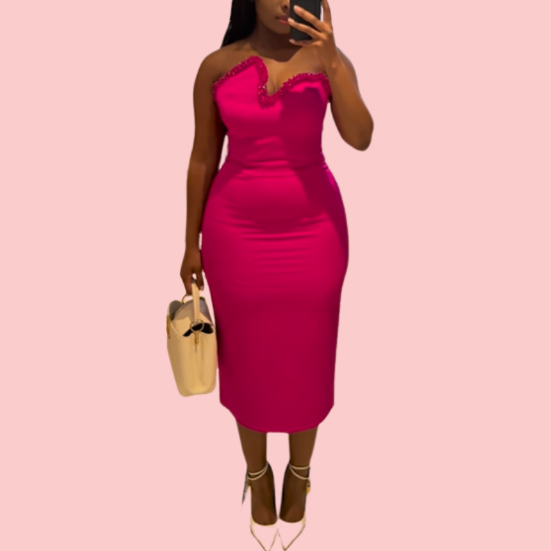Rose Rhinestone Sheath Midi Dress