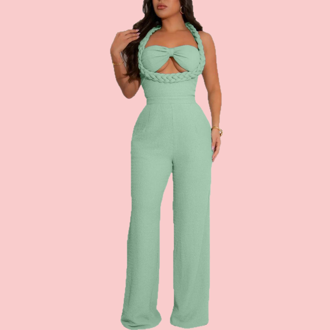 Solid Color Woven Hollow Out Jumpsuit