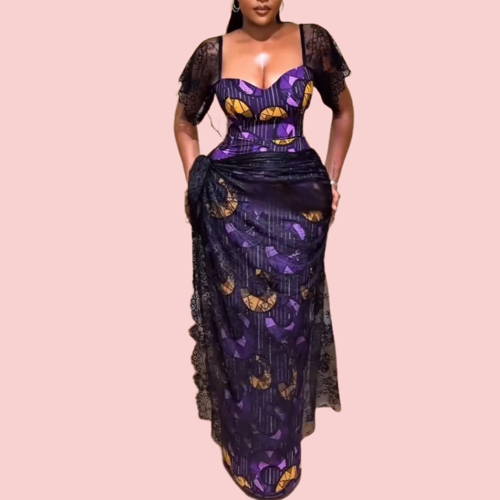 Purple Printed Lace Mesh Maxi Dress