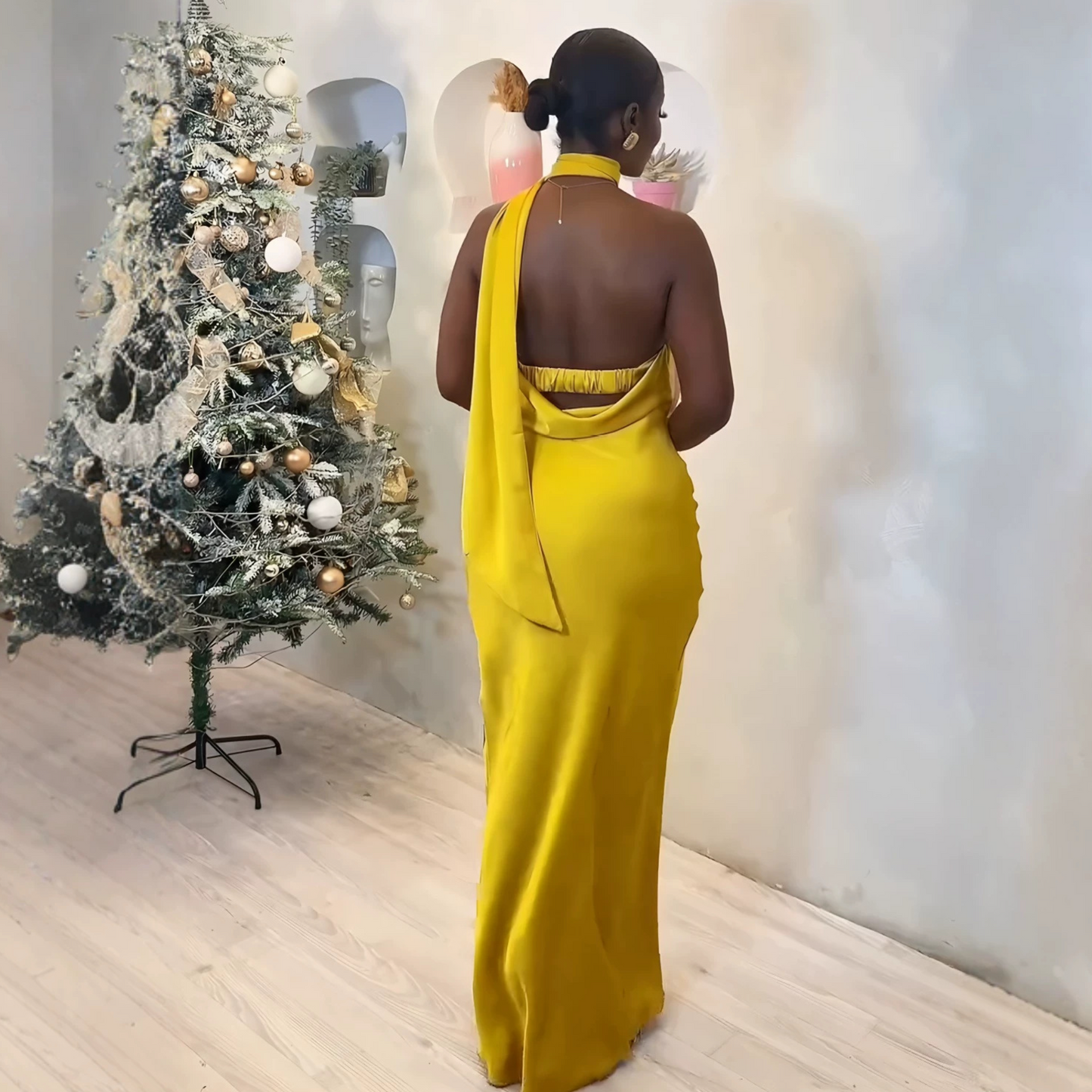 Yellow Strapless Backless Maxi Dress