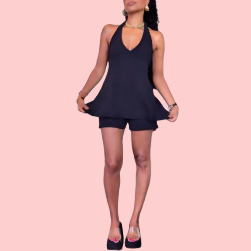 Black V-Neck Knit Top & Shorts Set