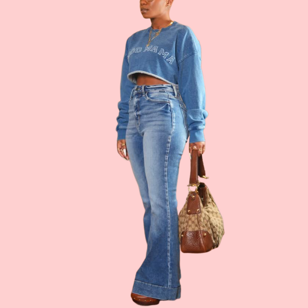 Blue Letter Print Crop Top & Jeans Set