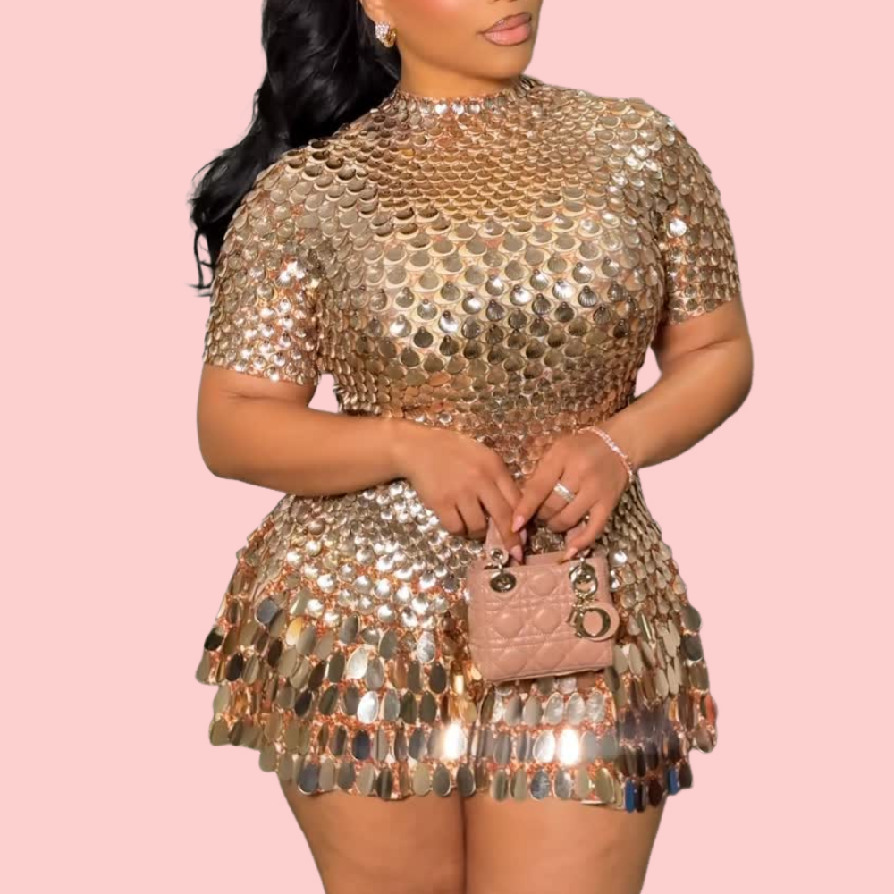 Gold Shell Short-Sleeve Mini Dress