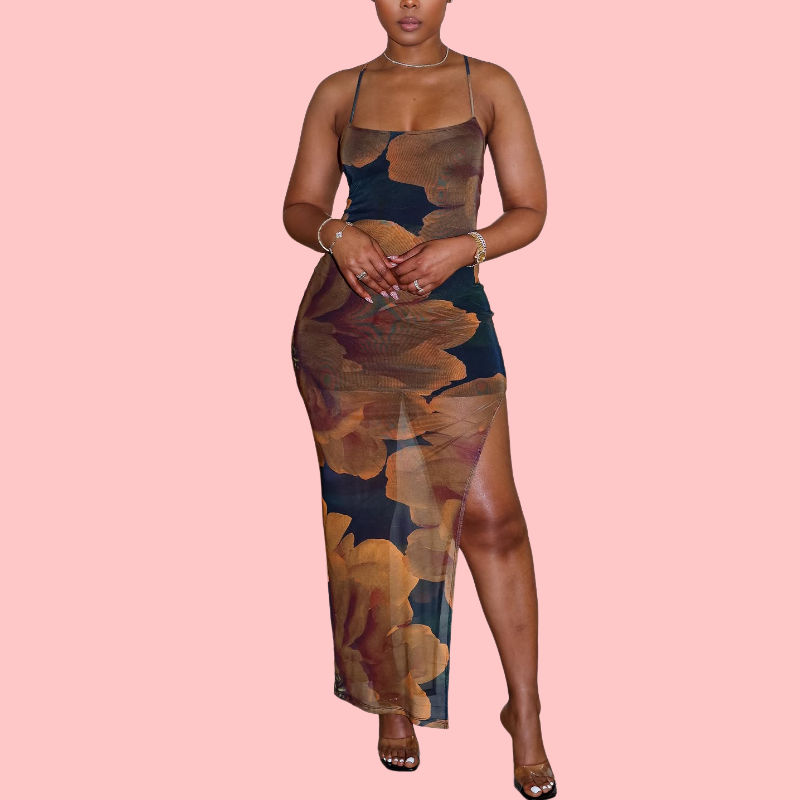 Floral Printed Halter Tulle Midi Dress