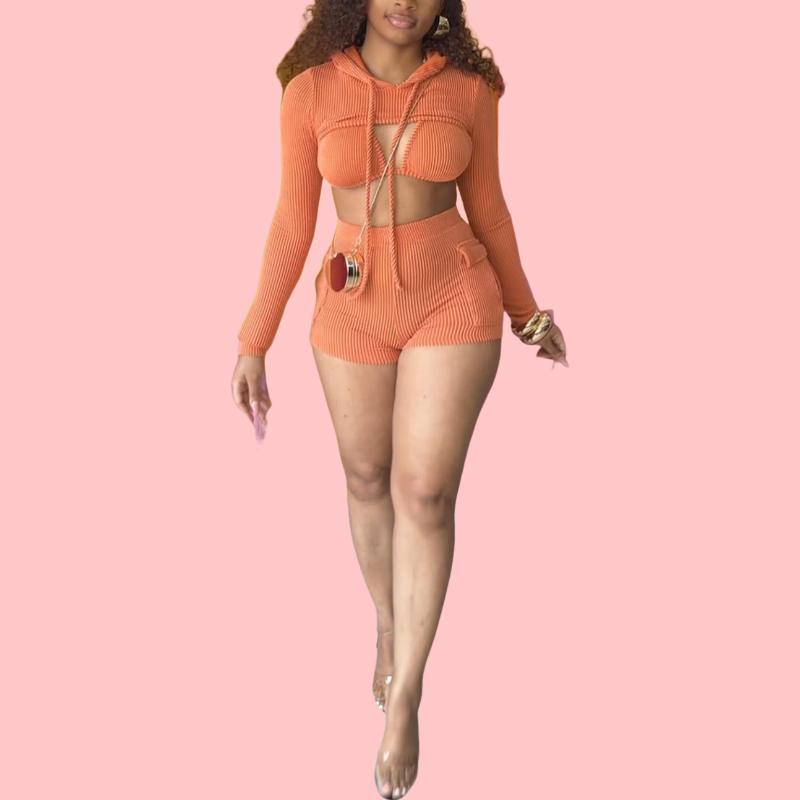Orange Long Sleeve Hooded & Shorts Set
