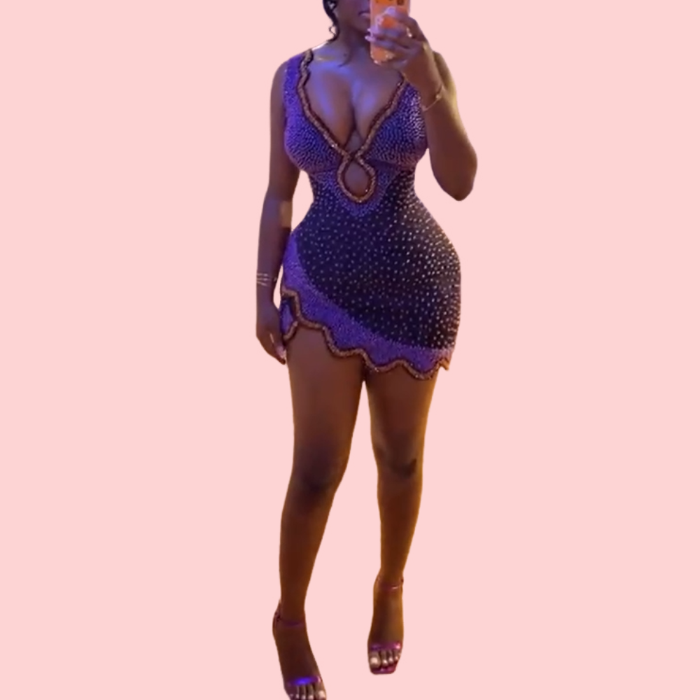 V-neck Cutout Rhinestone Mini Dress