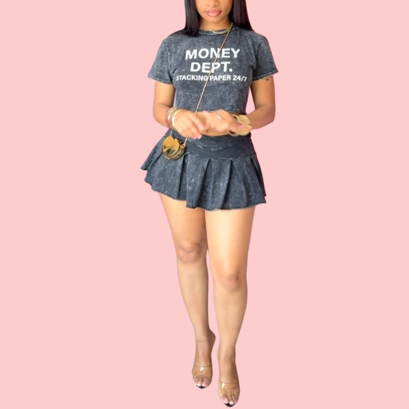 Washed Letter Short Sleeve Top & Skirt Set