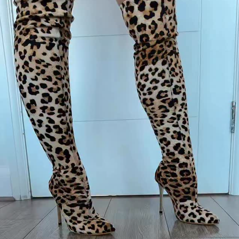 Leopard Print Over-the-Knee High-Heeled Boots