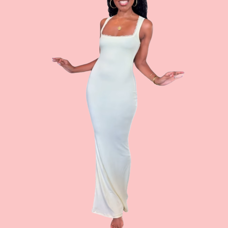 Solid Color Halter Lace Trim Maxi Dress