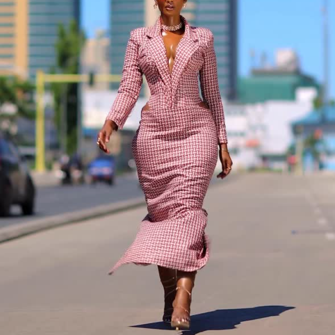 Red Checkered V-Neck Blazer-Style Maxi Dress