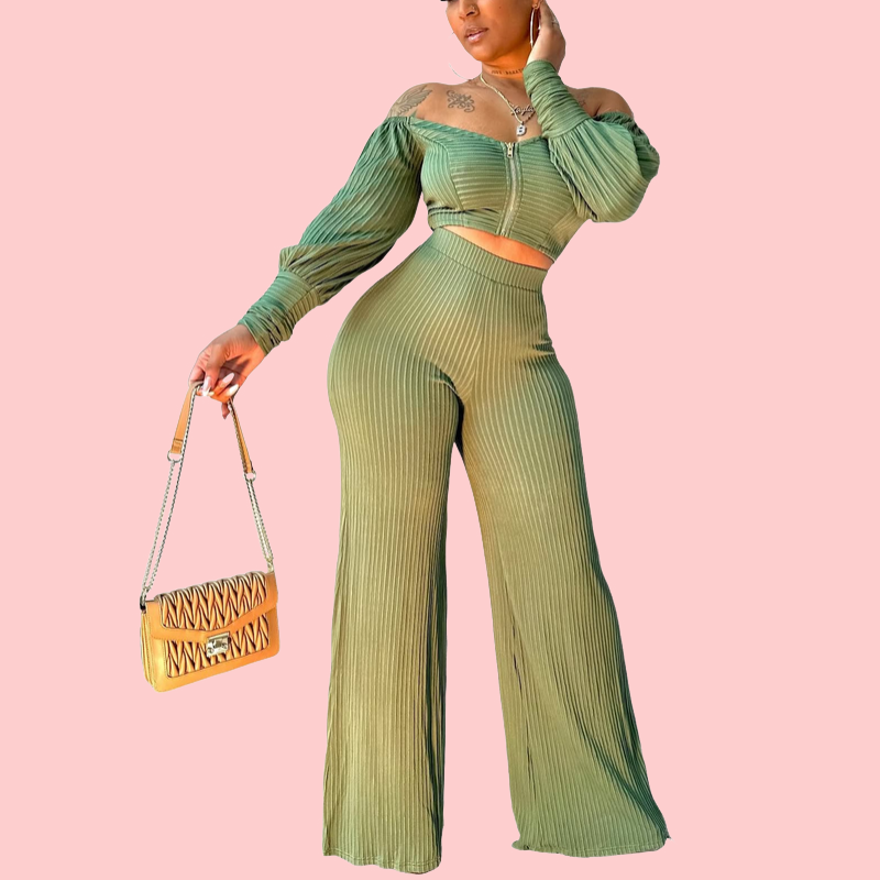 Green Zipper Pleated Top & Pants Set