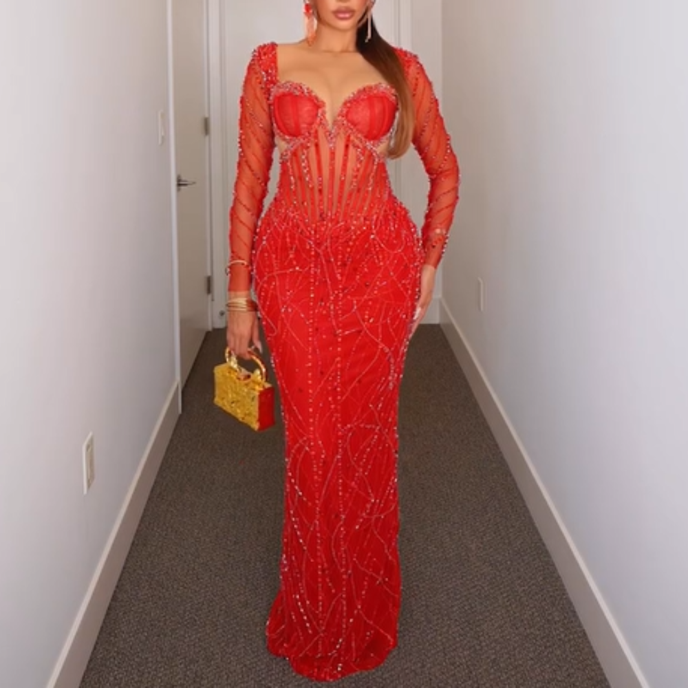 Red Rhinestone Elegant Maxi Dress