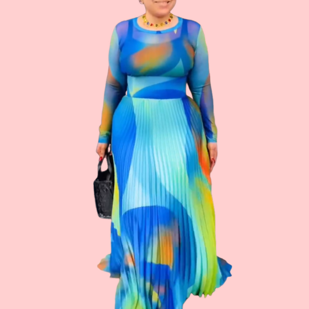 Blue Cinched-Waist Pleated Maxi Dress