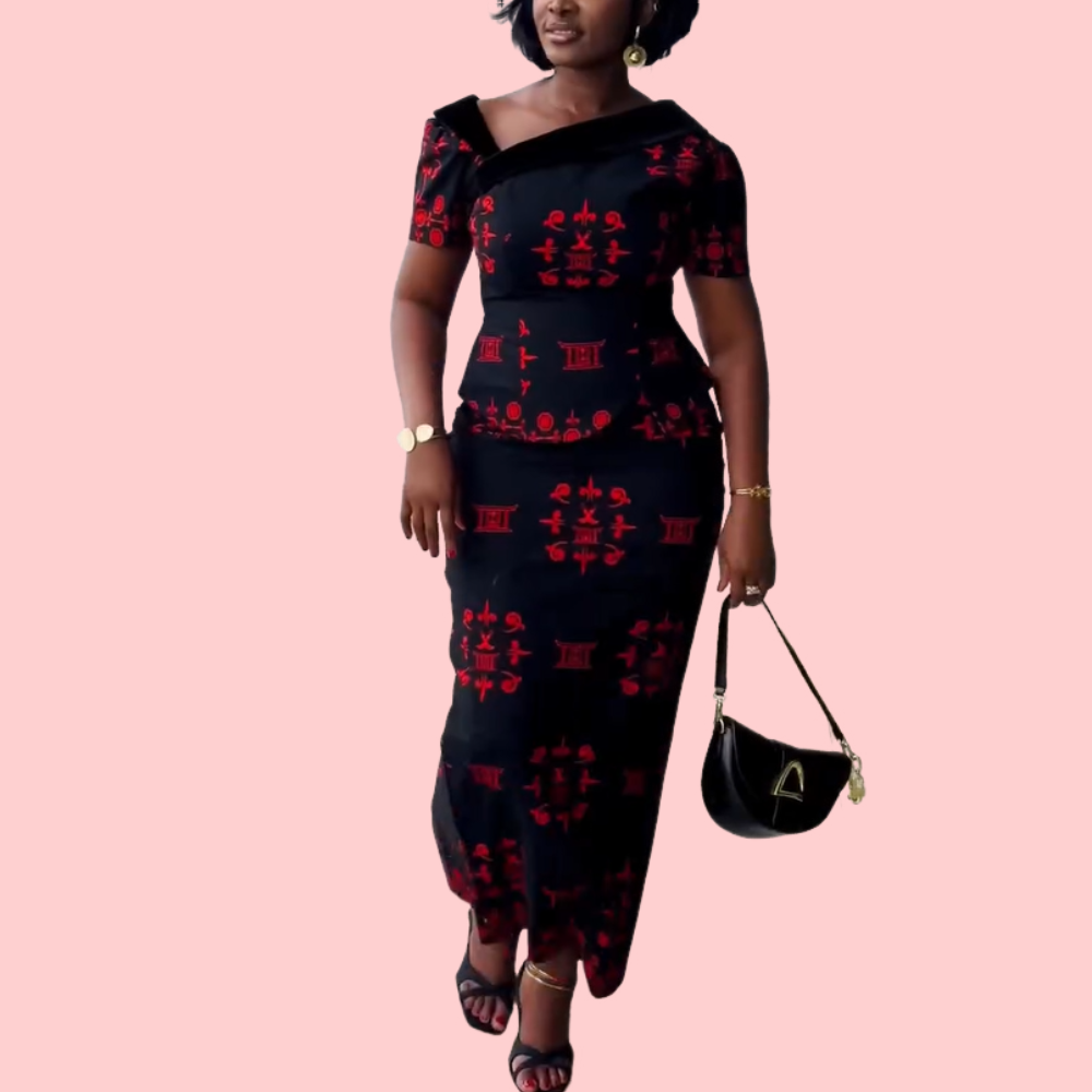 Printed Off-Shoulder Zipper Top & Split Skirt Set