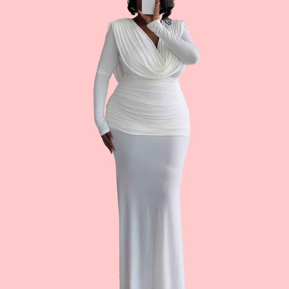 White Pleated Long-Sleeve Maxi Dress