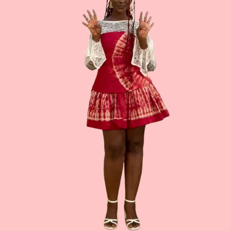 Red Printed Patchwork Skirt Set