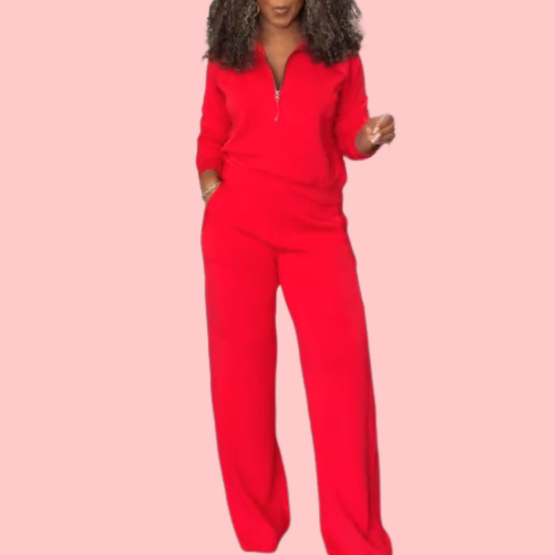 Solid Color Half-Zip Long Sleeve Top & Pants Set