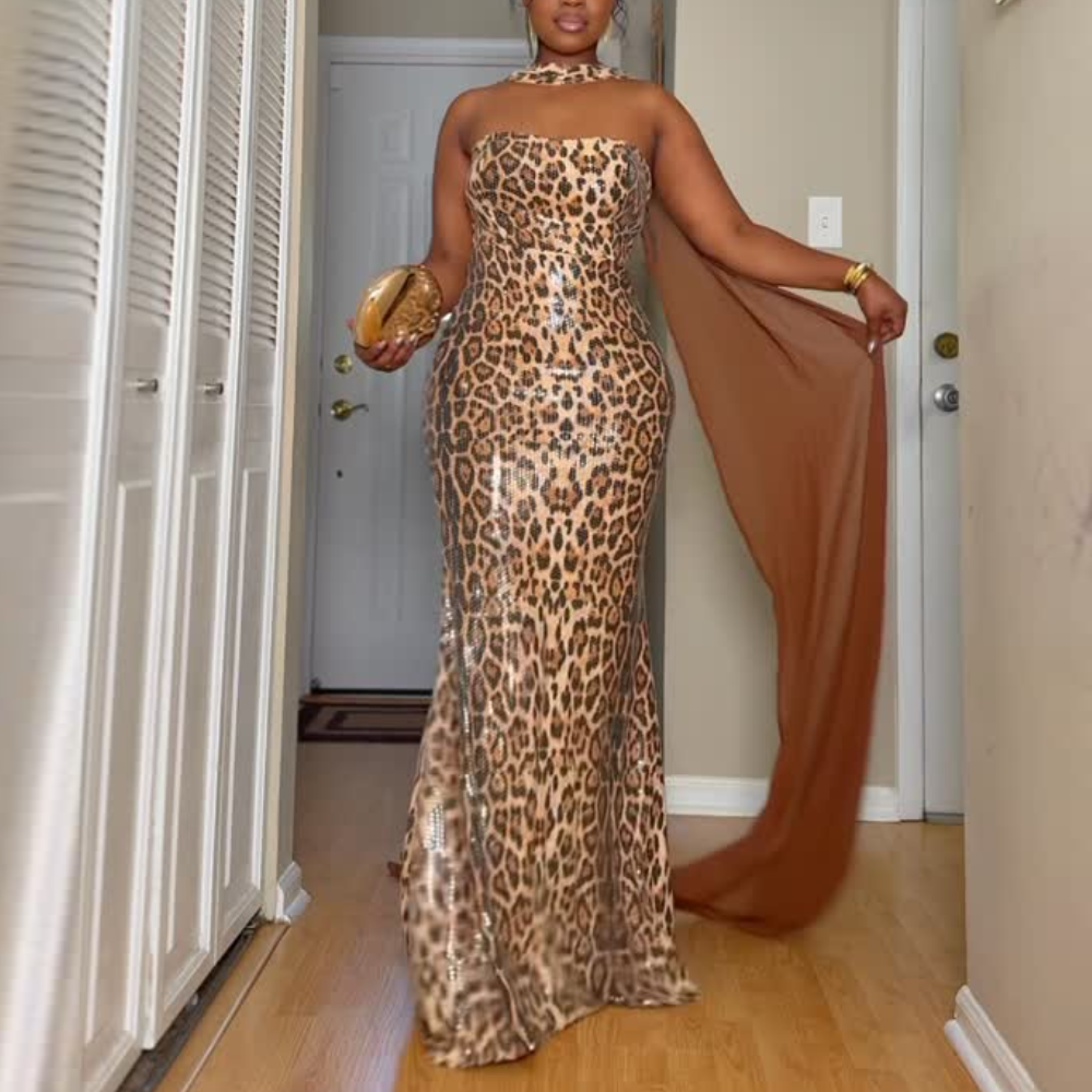 Leopard Print Strapless Maxi Dress + Flowing Sash