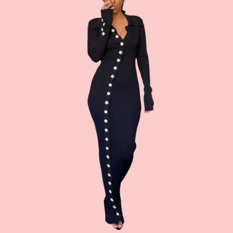 Black Knit Daisy Button Maxi Dress