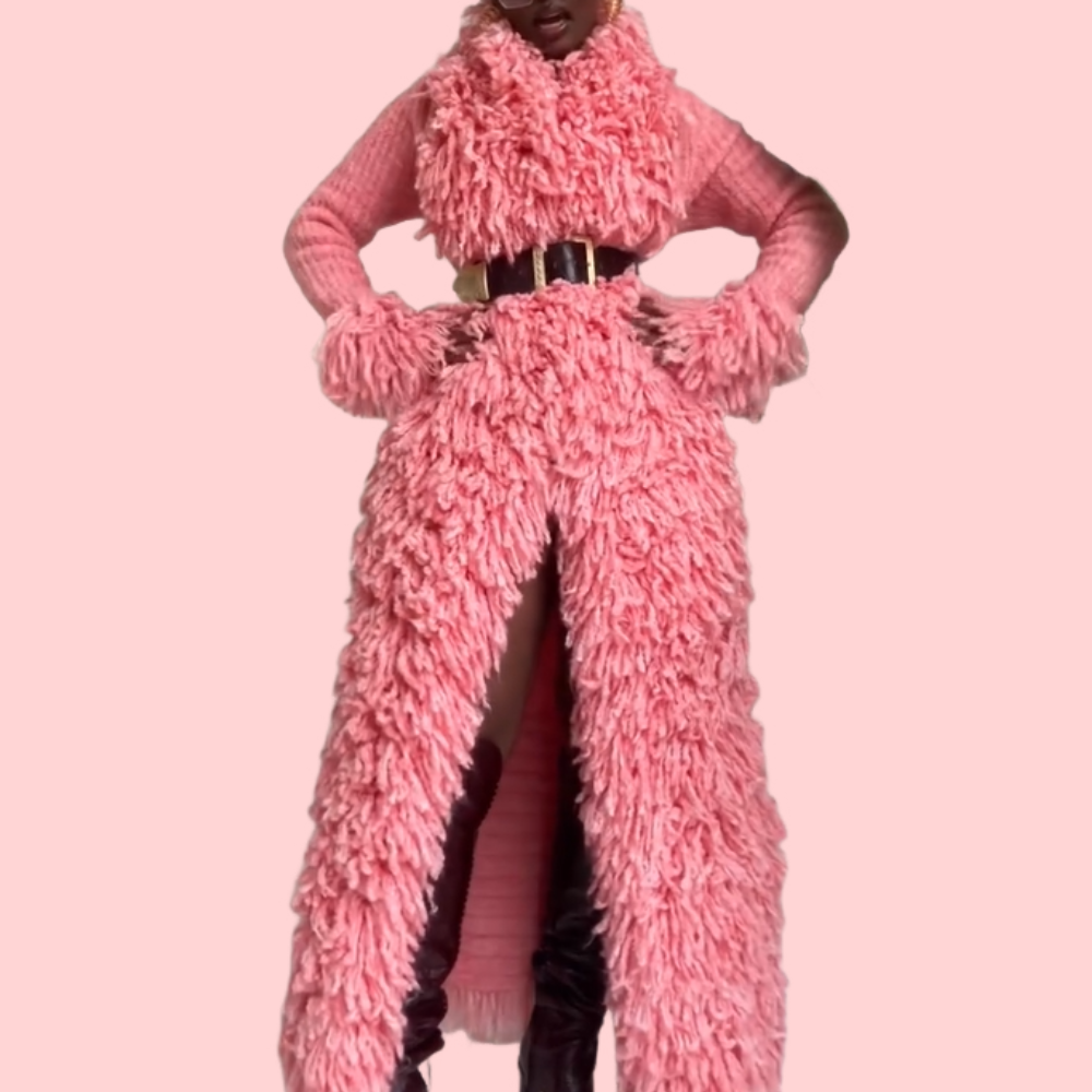 Pink Fleece Split-Hem Maxi Dress