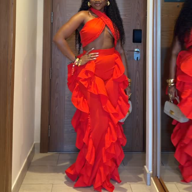 Red Cross-Front Top & Ruffled Wide-Leg Pants Set