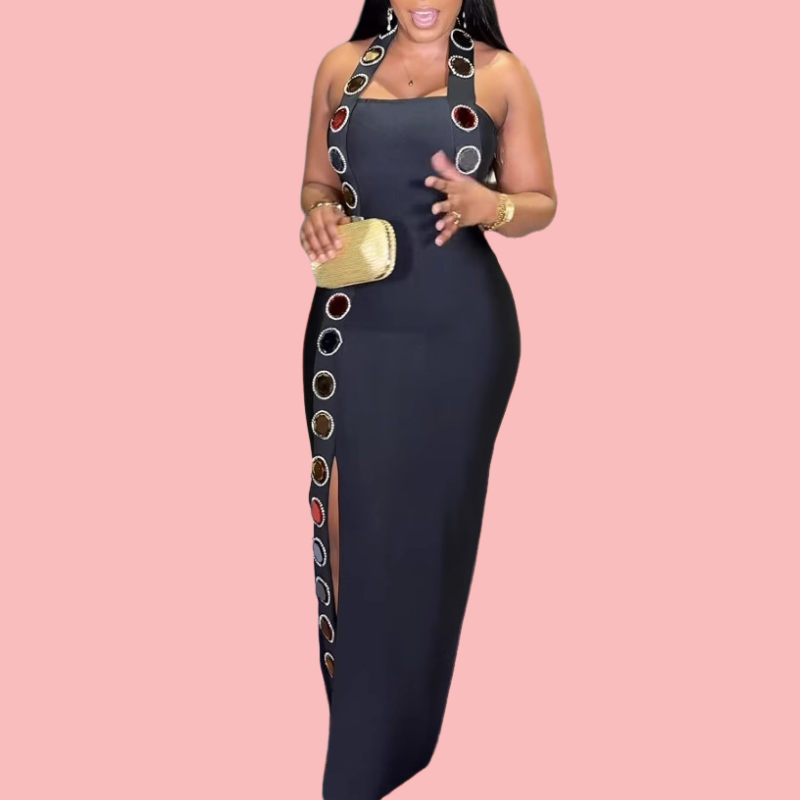 Colorful Rhinestone Neck Wrap Dress
