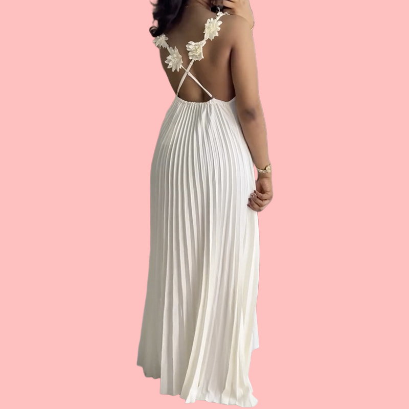 White Floral Strapless Pleated Dress