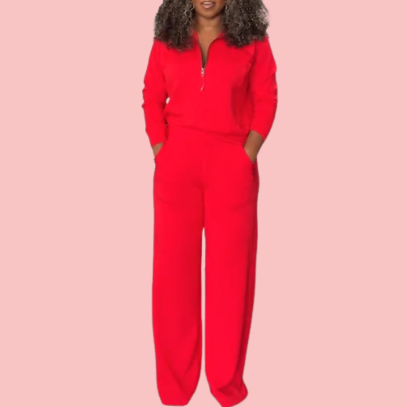 Solid Color Half-Zip Long Sleeve Top & Pants Set