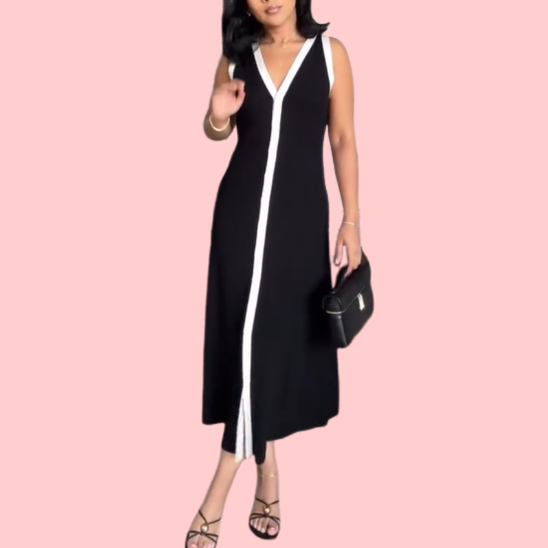 Black & White Patchwork V-Neck Midi Dress