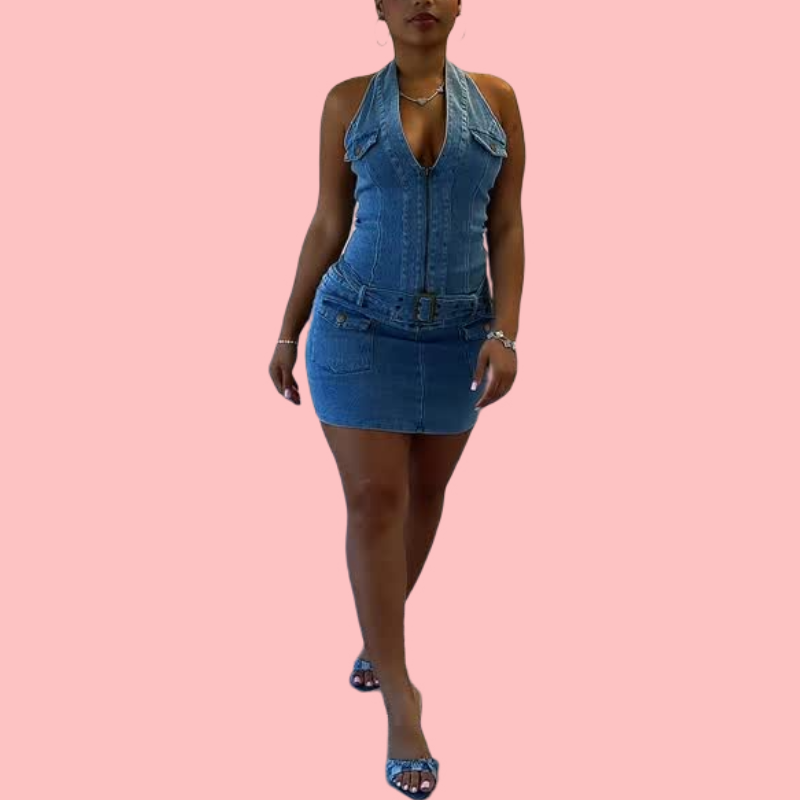 Alice Halter Denim Belt Mini Dress