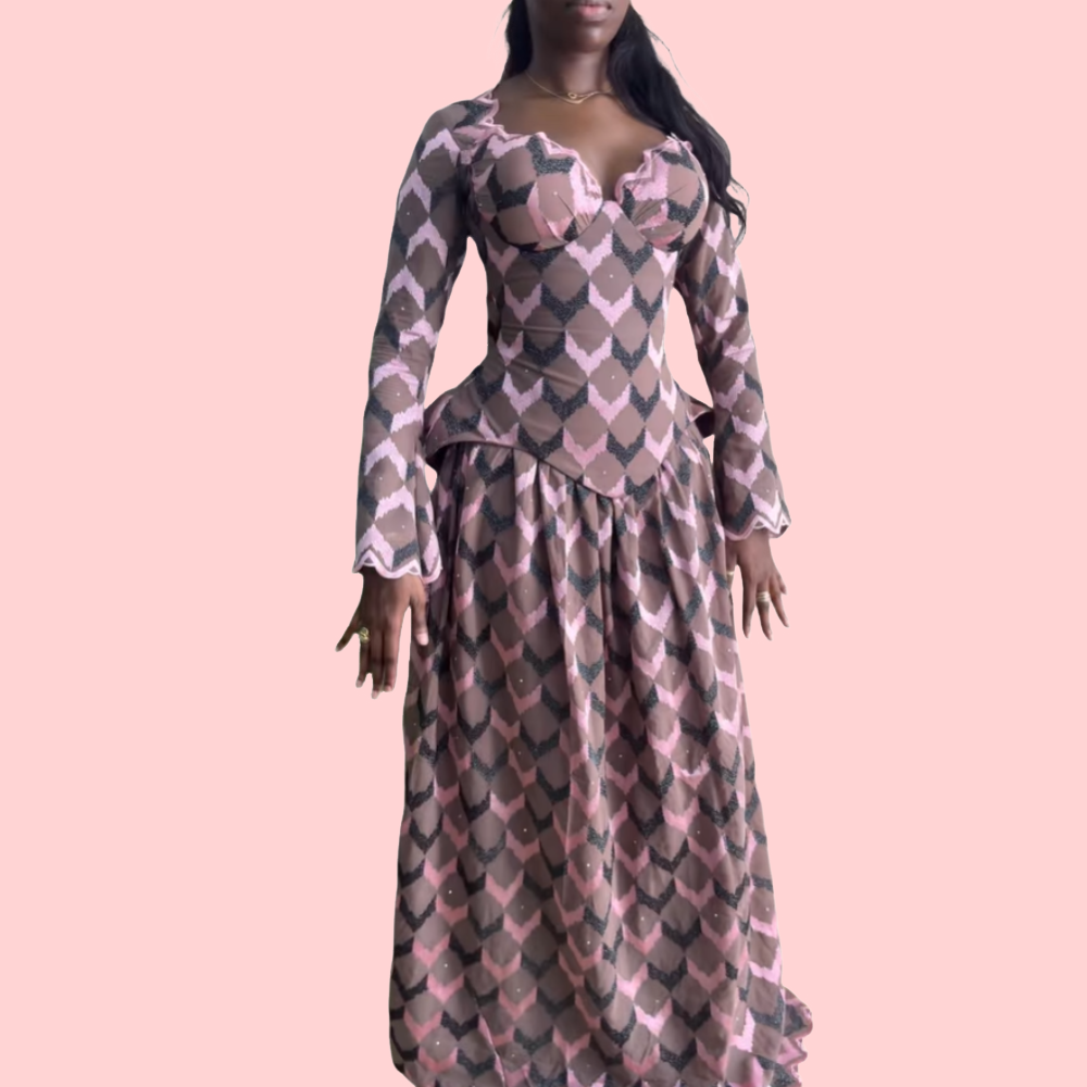 Purple Printed Waist-Cinched Maxi Dress
