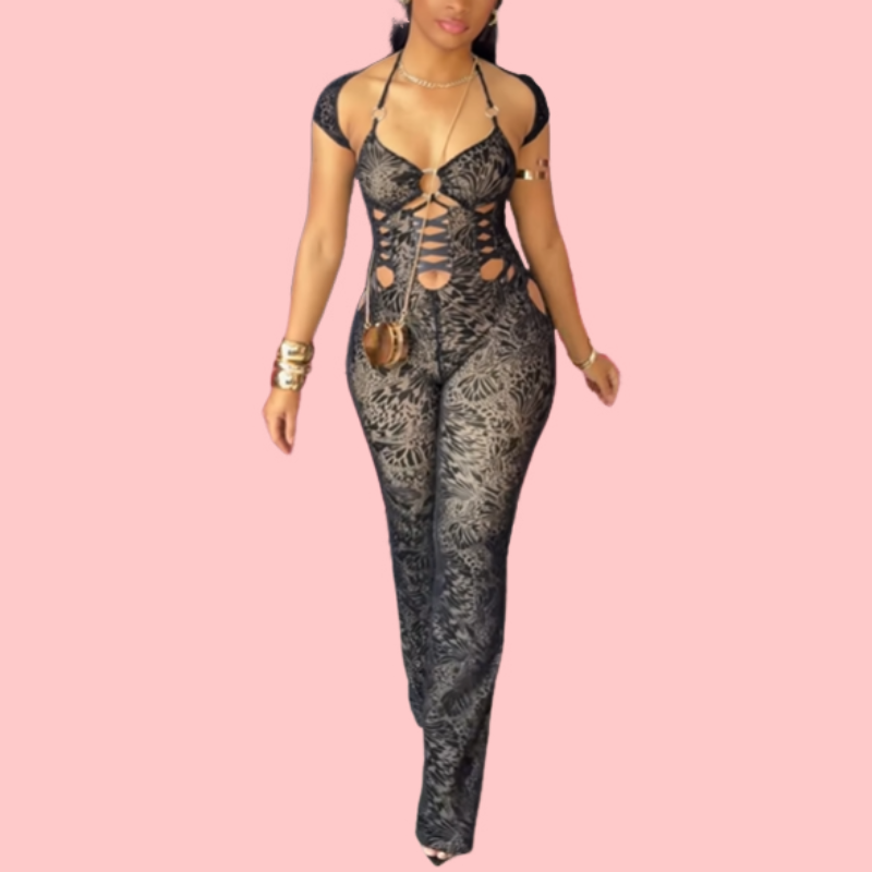 Black Floral Print Cutout Bodysuit