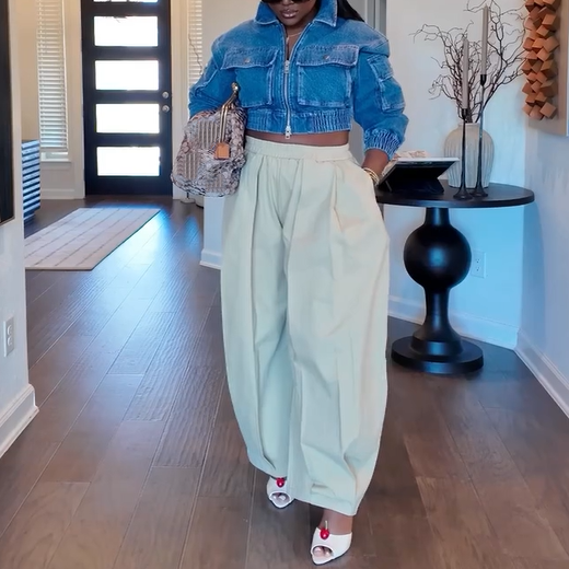 Blue Denim Pocket Jacket & Wide-Leg Trousers Set