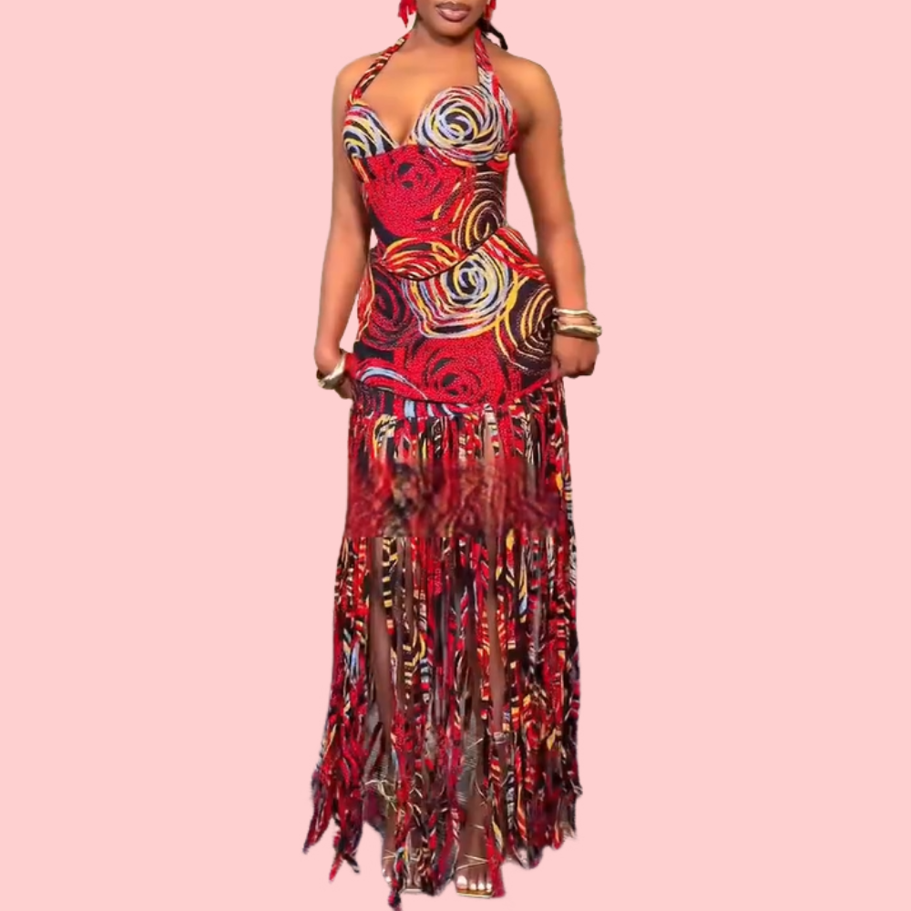 Red Floral Print Fringed Maxi Dress
