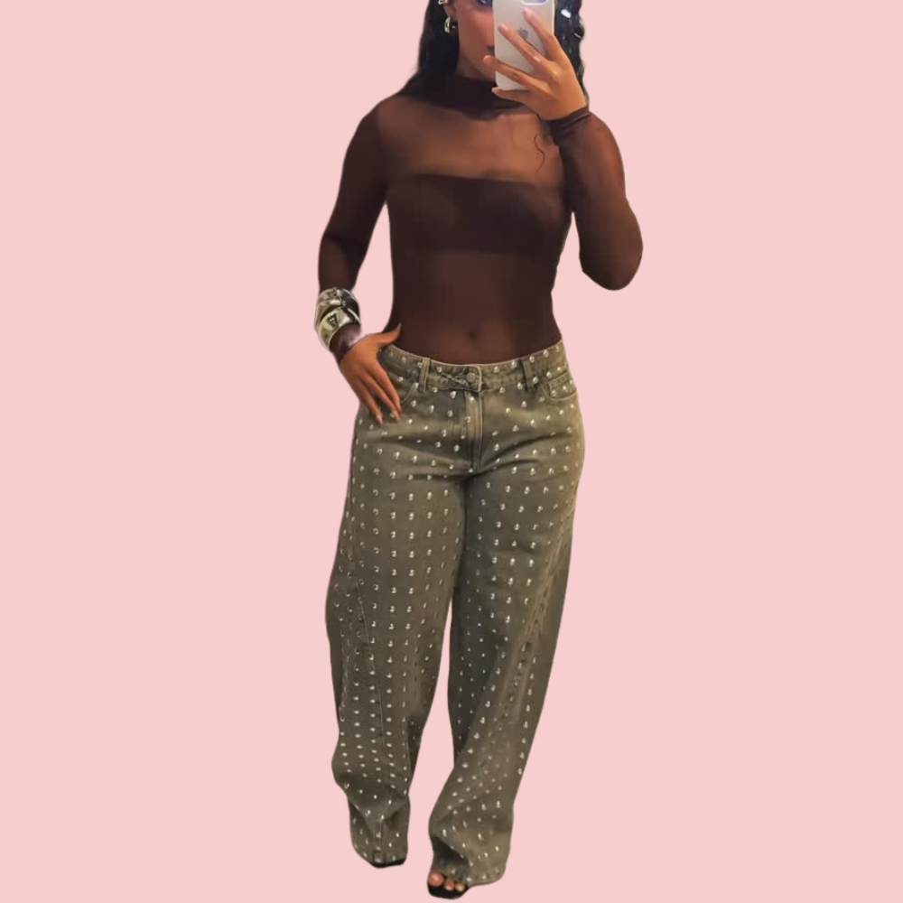 Rhinestone-embellished Washed Jeans
